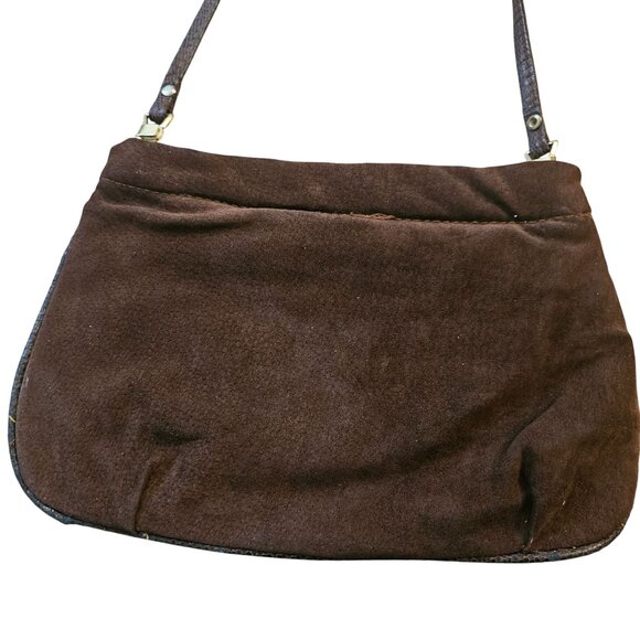 Vintage Brown Suede Shoulder Bag With Metallic Snake Skin Accent Strap & Detaili - Picture 7 of 12